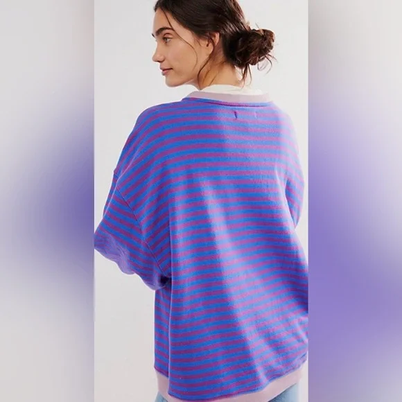 Free People We The Free Classic Striped Oversized Crewneck; Blue Combo; Size XS - Picture 3 of 10
